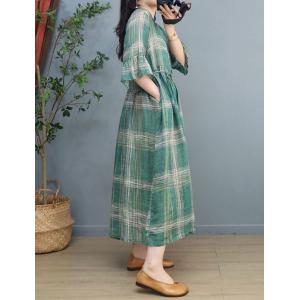 Tied Waist Green Tartan Dress Loose Ramie Hawaii Wear