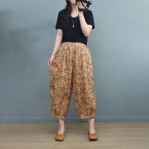 Hawaii Style Floral Ankle Pants Ramie Straight Leg Trousers