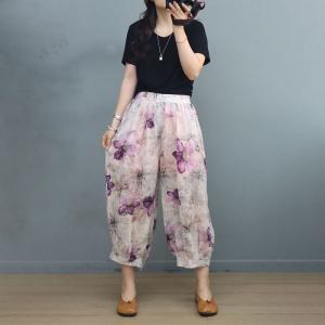 Hawaii Style Floral Ankle Pants Ramie Straight Leg Trousers