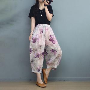 Hawaii Style Floral Ankle Pants Ramie Straight Leg Trousers