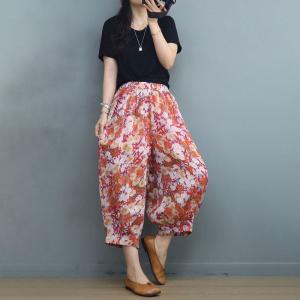 Hawaii Style Floral Ankle Pants Ramie Straight Leg Trousers