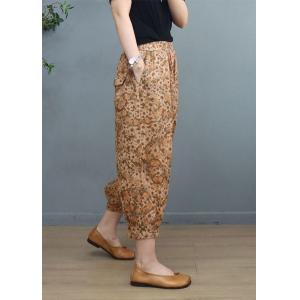 Hawaii Style Floral Ankle Pants Ramie Straight Leg Trousers