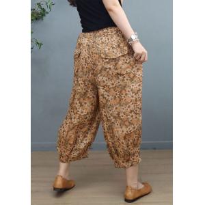 Hawaii Style Floral Ankle Pants Ramie Straight Leg Trousers