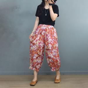 Hawaii Style Floral Ankle Pants Ramie Straight Leg Trousers