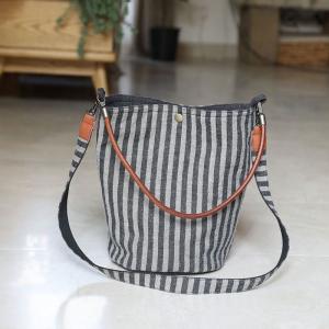 Gray Vertical Striped Bucket Bag Casual Cotton Linen Bag