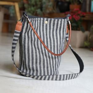 Gray Vertical Striped Bucket Bag Casual Cotton Linen Bag