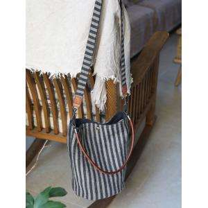 Gray Vertical Striped Bucket Bag Casual Cotton Linen Bag