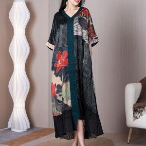 Red Lotus Mulberry Silk Fishtail Dress Loose Black Concert Dress