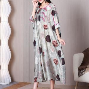 Unique Buttons Pleated Dotted Dress Silky Plump Caftan