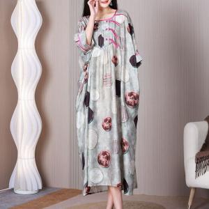 Unique Buttons Pleated Dotted Dress Silky Plump Caftan