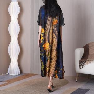 Yellow Flowers Blue Dress Silk Butterfly Sleeves Dress