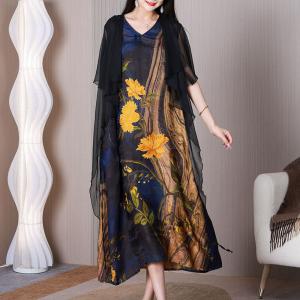 Yellow Flowers Blue Dress Silk Butterfly Sleeves Dress