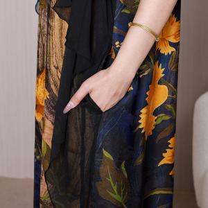 Yellow Flowers Blue Dress Silk Butterfly Sleeves Dress