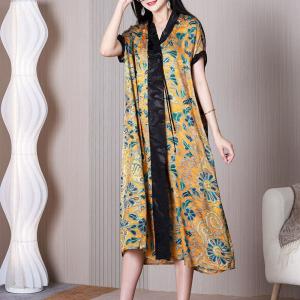 Eastern Fashion Blue Printed Dress Black Ribbon Yellow Dress