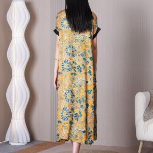 Eastern Fashion Blue Printed Dress Black Ribbon Yellow Dress