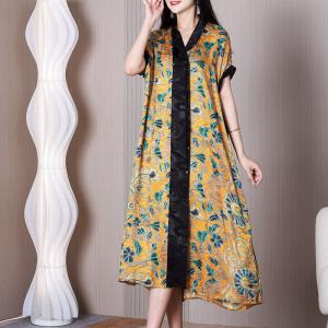 Eastern Fashion Blue Printed Dress Black Ribbon Yellow Dress