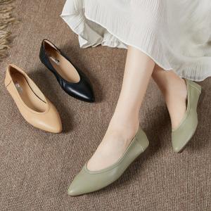 Solid Color Pointed Toe Flats Cowhide Shallow Office Footwear