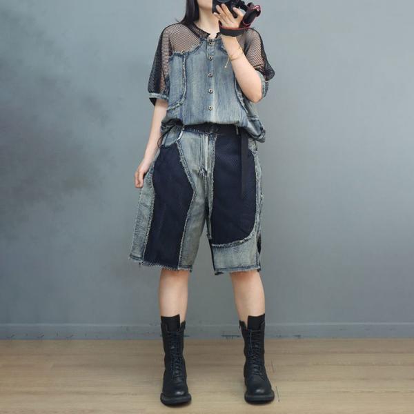 Swag Style Raglan Mesh Sleeve Denim Shirt with Fringed Bermuda Jorts