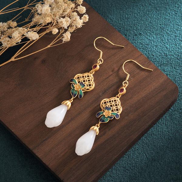 Flowers Enamel Chinese Pendant Earrings White Synthetic Jade Earrings