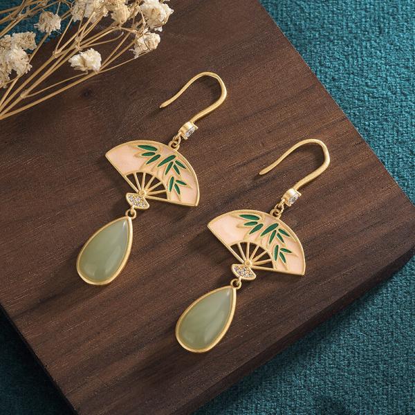 Elegant Chinese Fan Earrings Colored Enamel Jade Earrings