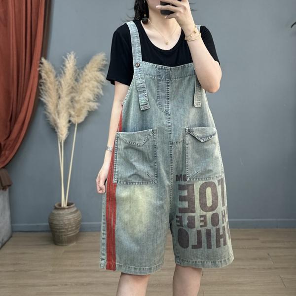 Letter Prints 90s Overalls Shorts Light Wash Overalls