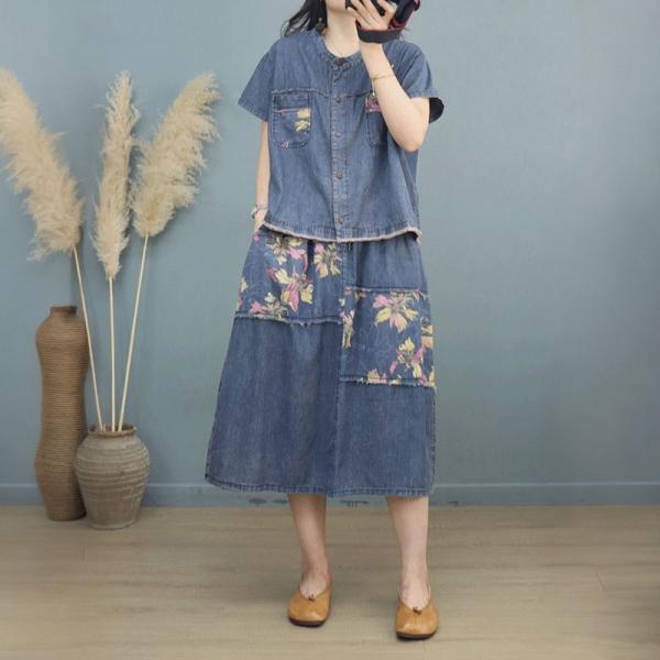 Fringed Denim Shirt with Printed A-Line Skirt Sets