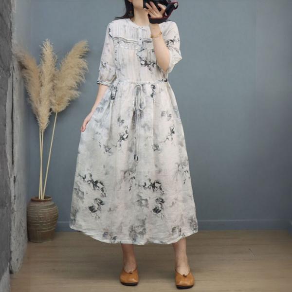 Chinese Ink Painting Tied Dress Loose Ramie White Dress