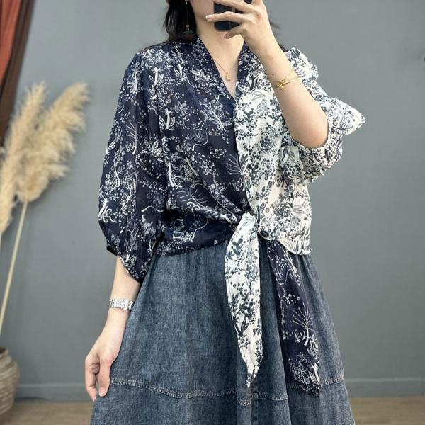 Blue and White Floral Shirt Front Knot Designer Blouse
