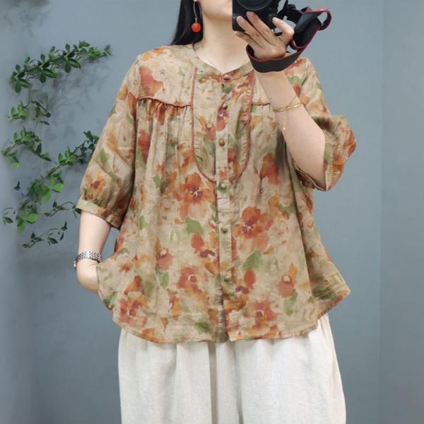 Loose-Fit Ramie Floral Shirt Over40 Breathable Tropical Blouse