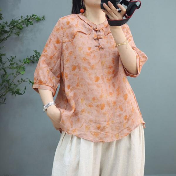 Chinese Pankou Floral Blouse Ramie Oversized Shirt