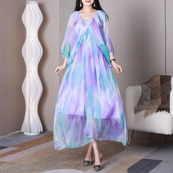 Lantern Sleeves Pastel Maxi Dress V-neck Sheer Elegant Dress