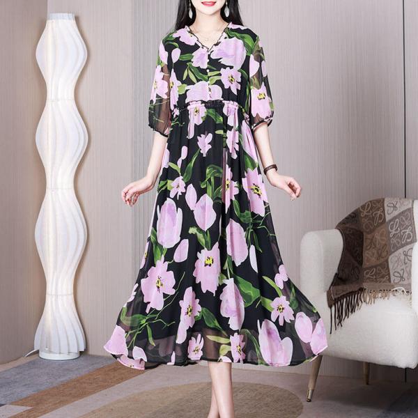 Pink Flowers High Waist Dress Butterfly Black Chiffon Dress