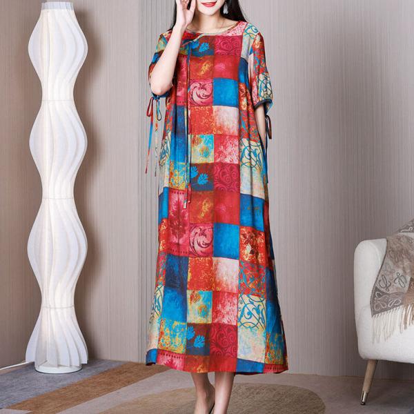 Tied Sleeves Colorful Checkered Dress Crew Neck Printed Dress