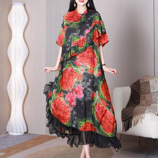 Red Roses Flare Designer Dress Black Flouncing Party Dress
