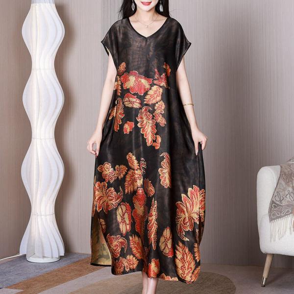 Leaf Pattern Side Slit Dress Black Short Sleeves Silk Dress