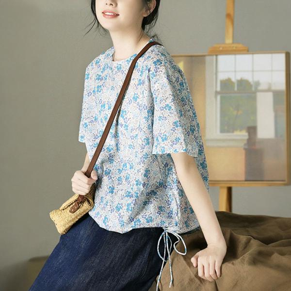 Half Sleeves Blue Floral Blouse Side Tied Blouse for Women