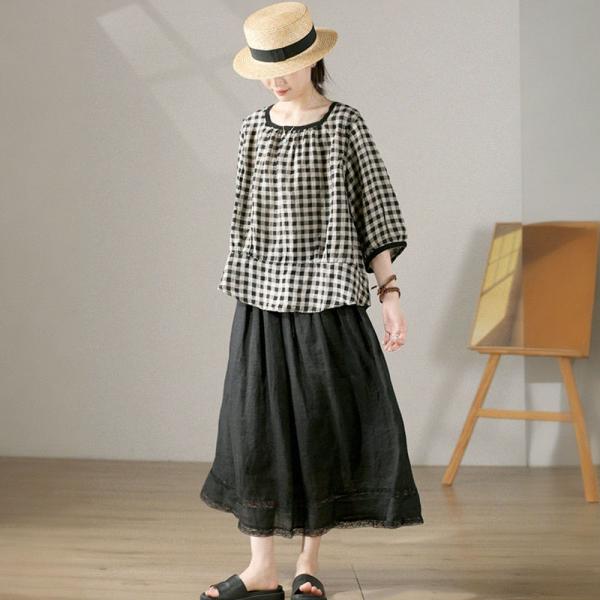 Black Plaid Linen Blouse Square Neck Oversized Flax Clothing