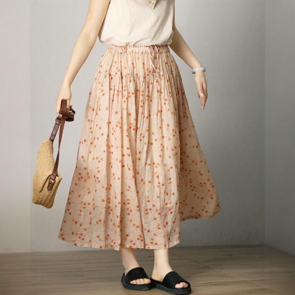 Light Coral Floral Skirt Maxi A-Line Ramie Skirt