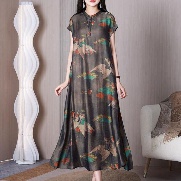 Short Sleeves Crane Patterned Dress Loose Modern Eastern Qipao