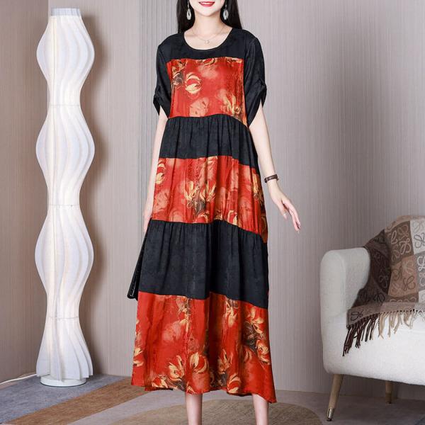 Jacquard Silk Red Tiered Dress Loose Printed Modest Dress