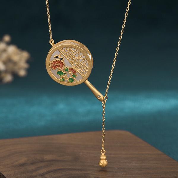 Eastern Chinese Fan Necklace Enamel Engrave Necklace