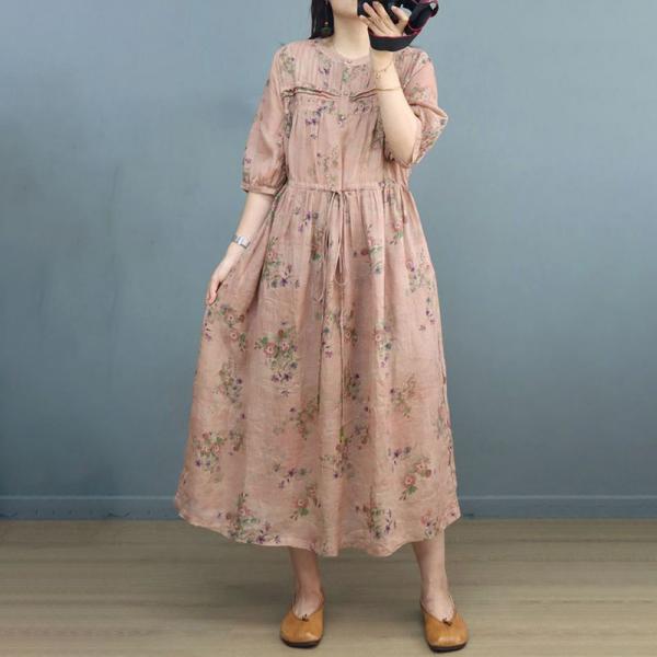 Earthy Style Ramie Front Tied High Waist Floral Dress