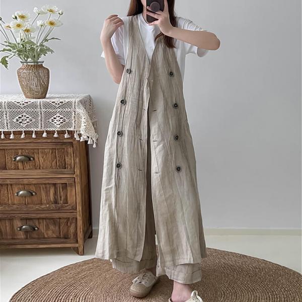 Chunky Linen Long Vest  Double-Breasted Waistcoat for Women