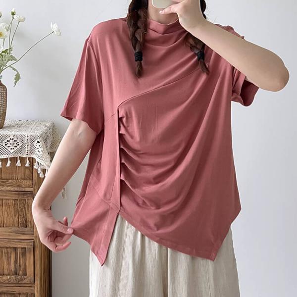 Easy-Match Pleated T-shirt Cotton Mock Neck Tee