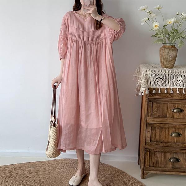 Bohemian Puff Sleeves Pleated Beach Ramie Gauze Dress