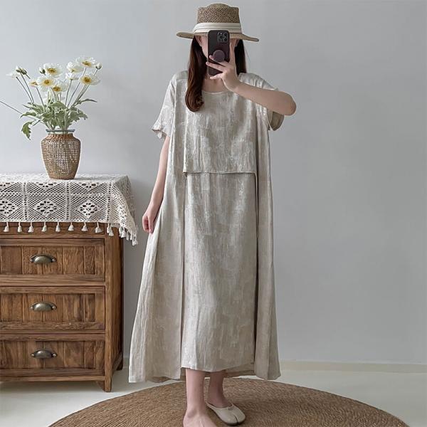 Earthy Style Jacquard Mid-Calf Dress Loose Layering Dress