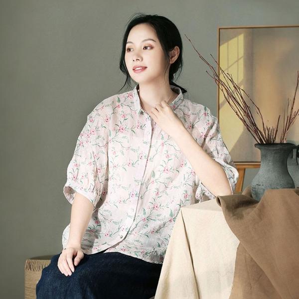 Pink Flowers Embroidery Blouse Puff Sleeves Peasant Shirt
