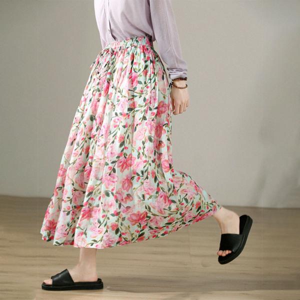 Pink Roses Ramie A-Line Skirt Ramie Flowing Maxi Skirt