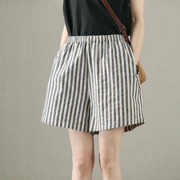 Gray Vertical Striped Shorts Cotton Linen Wide Leg Shorts