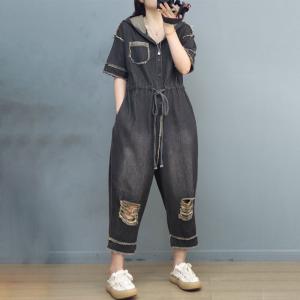 Front Tied Ripped Jumpsuits Fringed Hooded Jumpsuits